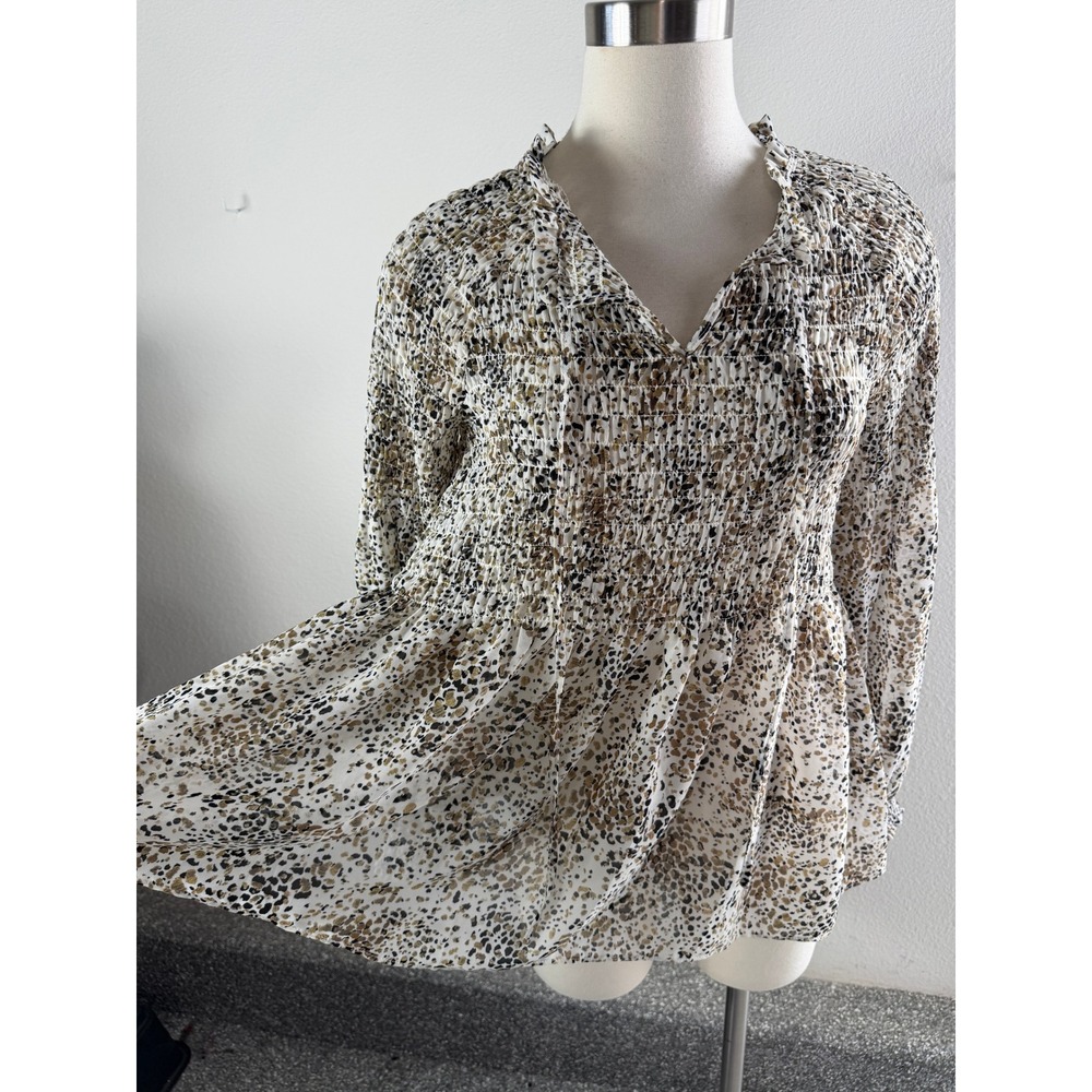 Rose + Olive Womens Medium Leopard Print Smocked Neck Blouse Brown Tan Babydoll